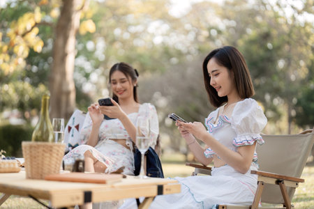 Two best friends sit on the phone and chat while having an outdoor picnic at the park.の写真素材