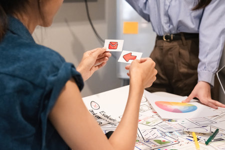 Close-up of the development team Brainstorm and plan group problem solving ideas. Creative teamwork to develop mobile apps, ux, Uiの写真素材
