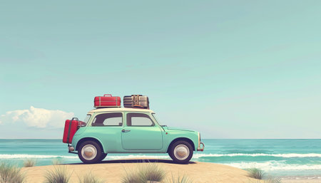 A red car with luggage on top of it is parked on a beach by AI generated imageの素材