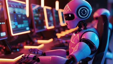 A robot is sitting in front of a computer monitor with a keyboard and a mouse by AI generated imageの素材