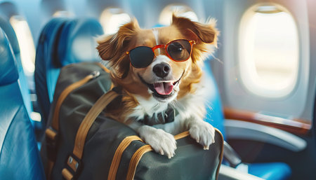 A dog wearing sunglasses and a backpack is sitting on a suitcase by AI generated imageの素材