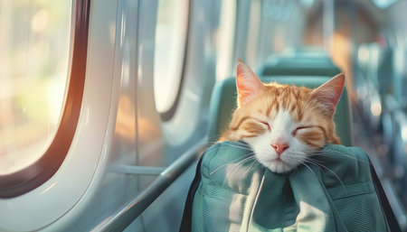 A cat is sleeping on a green bag in a train by AI generated imageの素材