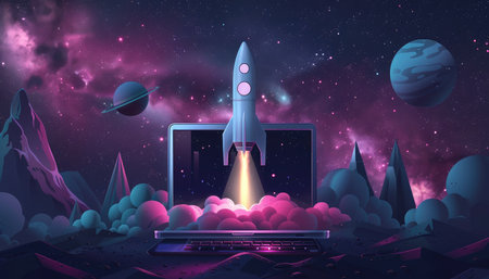 A computer monitor shows a rocket launching into space by AI generated imageの素材