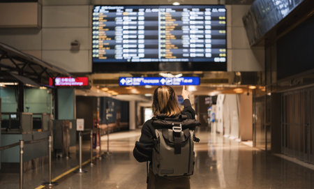 Young Asian woman in international airport looking at flight information board, checking her flightの写真素材