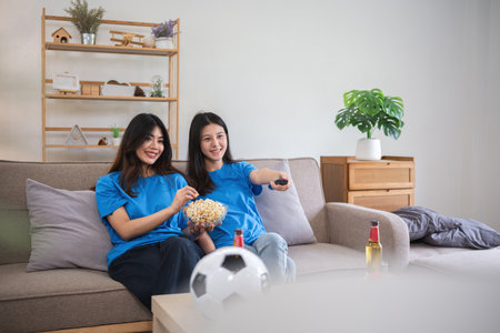 Lesbian Couple Cheering for Football Together at Home, Enjoying Snacks and Drinks, Celebrating Sports Enthusiasm, LGBTQ Representation, Happy Moments, Cozy Living Room, Modern Lifestyleの写真素材
