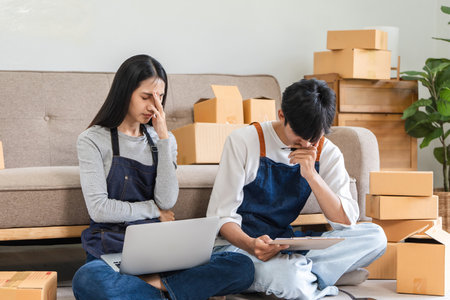 Stressed Couple Managing Online Sales for Small Business with Laptop and Tablet Surrounded by Cardboard Boxesの写真素材