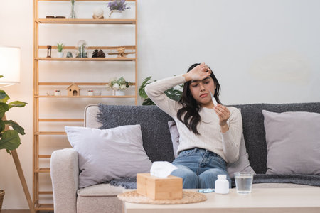 Young Woman Checking Temperature with Thermometer While Sitting on Couch at Homeの写真素材