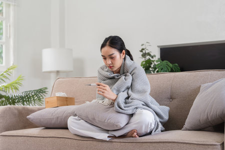 Woman Wrapped in Blanket Checking Thermometer While Sitting on Couch at Home, Sick with Fever and...