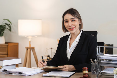 Professional Female Lawyer Reviewing Legal Documents in Modern Office Setting for Lawsuit...