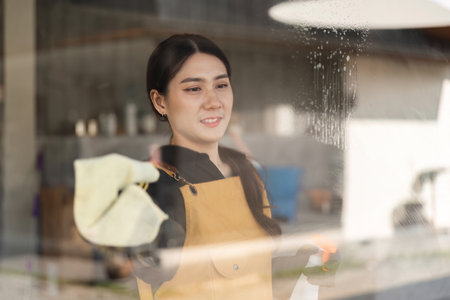 Female Employee Cleaning Coffee Shop Window with a Smile, Wearing Apron, Reflecting Modern and Hygienic Work Environmentの写真素材