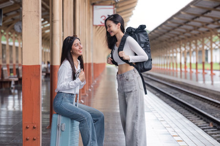 Young Lesbian Couple Waiting for Train at Station Traveling Together, Love and Adventure, LGBTQ Representation, Modern Travel Lifestyleの写真素材