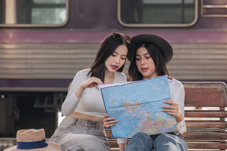Young Woman and Best Friend Waiting for Train Together, Reading Map, Travel Adventure, Friendship,...