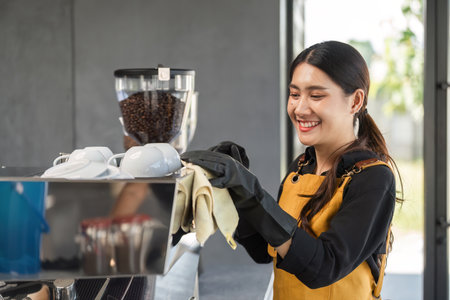 Female Employee Cleaning Coffee Shop Counter with a Smile, Wearing Yellow Apron and Black Gloves