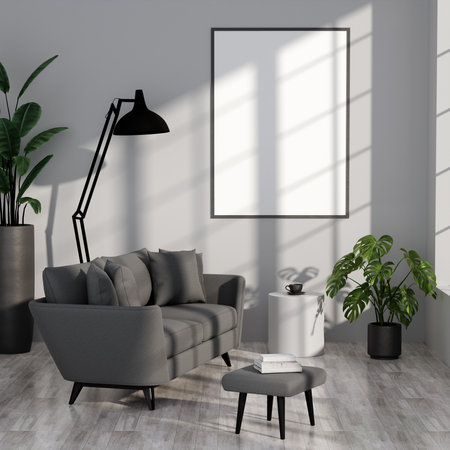 Modern Minimalist Living Room with Grey Sofa, Indoor Plants, and Large Window Casting Shadows