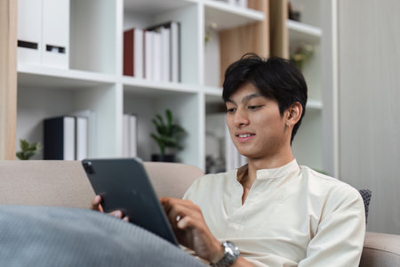 Young Man Relaxing on Sofa in Modern Living Room While Browsing Social Media on Tabletの写真素材