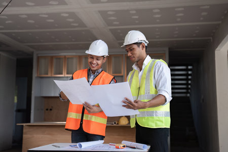 Engineers Discussing Construction Plans, Holding Blueprints, Wearing Safety Gear, Planning Work on...