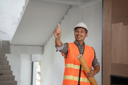 Confident Young Engineer Planning Work with Blueprints in Modern Construction Site