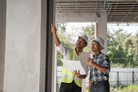 Engineer Discussing Construction Plans, Holding Blueprints, and Planning Work at a Building Site