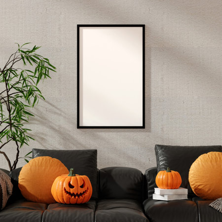 Modern Living Room Halloween Decor with Pumpkins 3D Renderの写真素材