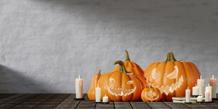 Glowing Jack-O-Lanterns and Candles Halloween Display 3D Renderの写真素材