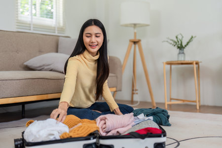 Young Woman Packing Suitcase and Passport for Travel in Modern Living Room, Preparing for Vacation...