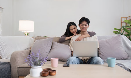 Cozy Couple Relaxing on Sofa with Laptop in Modern Living Room, Enjoying Quality Time Togetherの写真素材