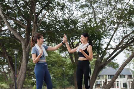 Young Female Friends Exercising Together at the Park, Enjoying Outdoor Fitness and Healthy Lifestyleの写真素材