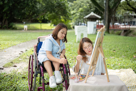 Close Friends, Disabled Young Women Drawing Together Outdoors in a Park on a Sunny Day, Embracing Creativity and Friendshipの写真素材