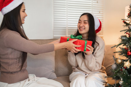 Joyful Young Couple Celebrating Christmas with Surprise Gift Exchange in Cozy Home Settingの写真素材