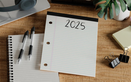 2025 lined paper and stationery on wooden desk, 3D render.