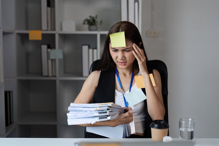 Focused Businesswoman Juggling Tasks in Modern Office Setting with Documents and Sticky Notes