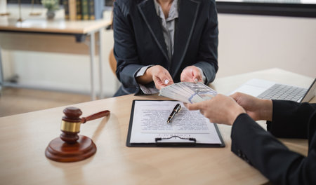Corruption Lawyer Accepting Bribe Money in Office with Legal Documents and Gavel on Desk