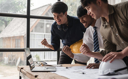 Engineering Team Celebrating Success Together in Modern Office Environment with Laptops and Blueprintsの写真素材