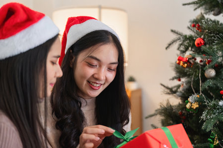 Joyful Young Couple Celebrating Christmas with Surprise Gift Exchange by the Festive Treeの写真素材