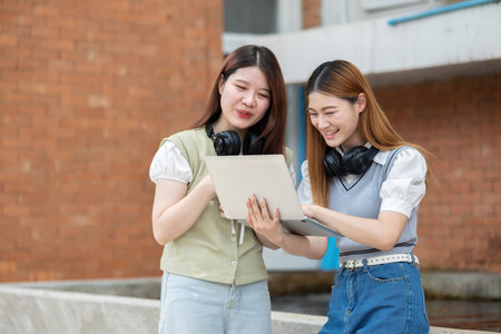 Two students are chatting and exchanging ideas about their studies while looking at a device during their free time.の写真素材