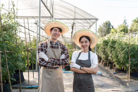 Confident Couple Proudly Owning and Managing Their Thriving Herb Garden in a Modern Greenhouse Settingの写真素材