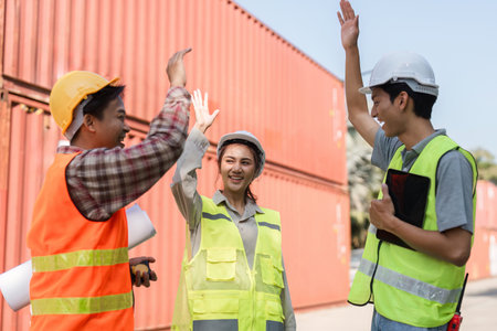 Construction team celebrating success with high-fives near shipping containers at a worksite