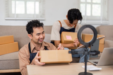 Entrepreneurs excitedly preparing for an unboxing video in their home officeの写真素材