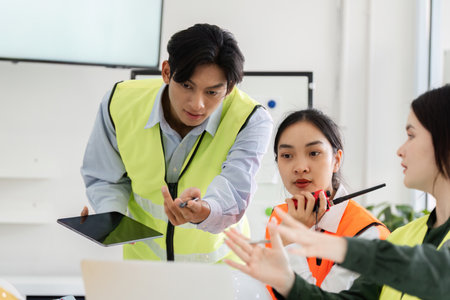 Construction manager leading project discussion with visuals and instructions in a meetingの写真素材