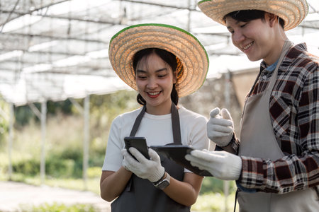 Gardeners reviewing digital farming apps in a greenhouse, collaborating on plant care strategiesの写真素材