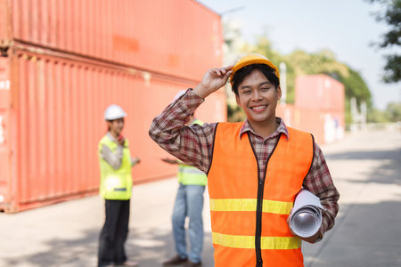 Smiling construction worker wearing hard hat and safety vest, holding blueprints at a shipping container siteの写真素材