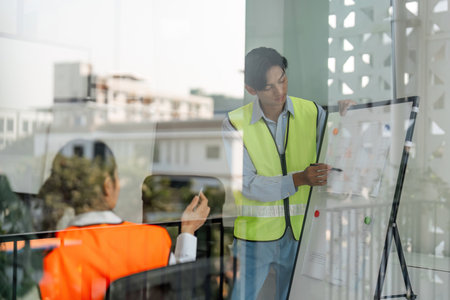 Architect presenting project plans: construction team member strategizing in a modern office setting