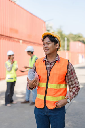 Confident construction engineer holding blueprints while overseeing a team on-site