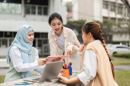 Diverse multicultural women collaborating on project outdoors with tablet and laptop.の写真素材