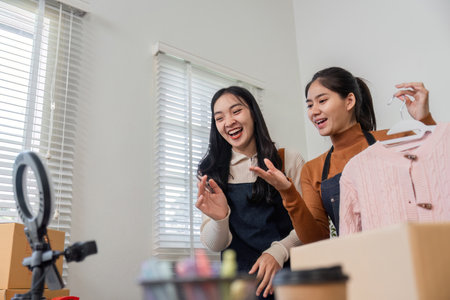 Couple selling clothes online, joyously interacting while preparing outfits in their bright home officeの写真素材