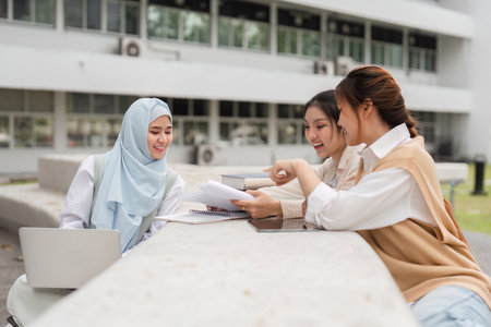 Diverse university students studying together, sharing notes and ideas outdoors.の写真素材