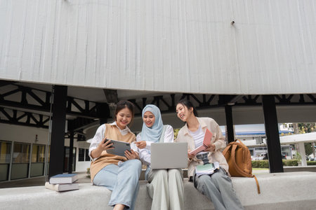 Multicultural female students sharing ideas with a tablet and laptop on a university campus.の写真素材