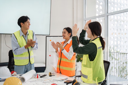 Celebrating a successful project milestone: construction team members applauding in a modern office settingの写真素材