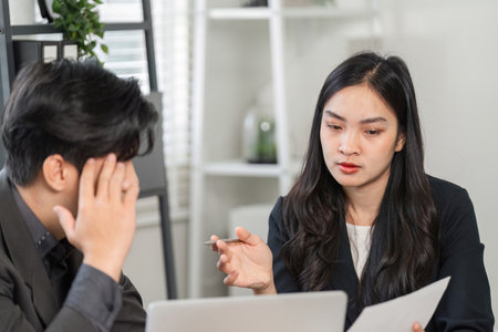 Professional woman discussing project challenges with a stressed male colleague in a modern office...