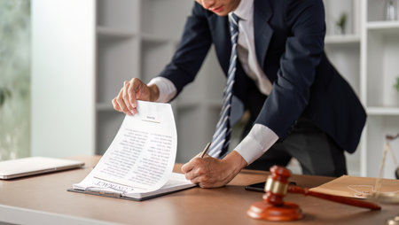 Young Asian lawyer reviewing and signing legal contract documents at office desk, focusing on law...